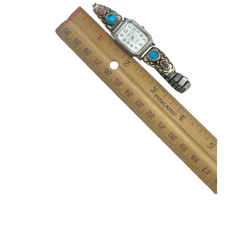 Sterling Silver Turquoise Coral Timex Watch 7in Stretch Band‎ Southwestern
